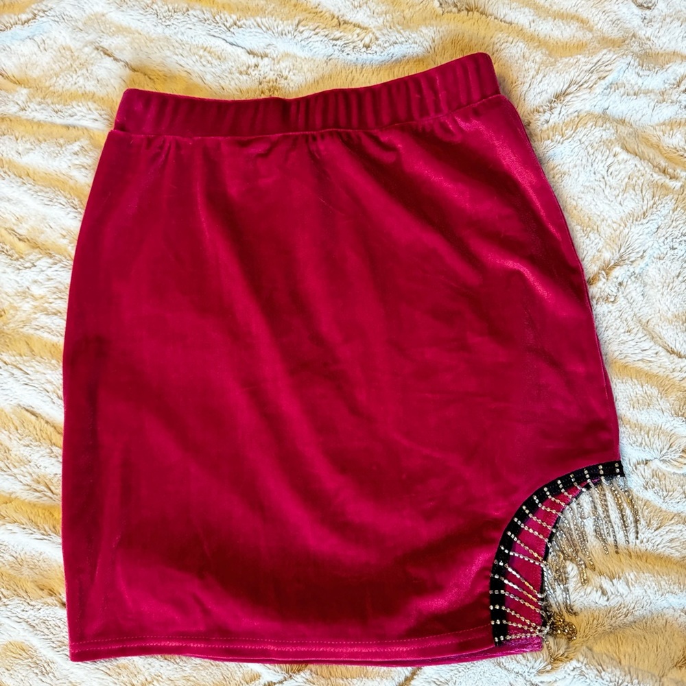 Velvet mini skit with fringe rhinestone side cutout